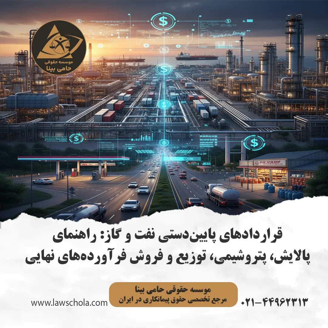 پالایشگاه و مجتمع پتروشیمی؛ نماد قراردادهای پایین‌دستی (Downstream Contracts)، تولید فرآورده‌های نفتی و صادرات LNG.