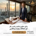 وکیل متخصص دعاوی ساخت و پروژه‌های نفت و گاز در حال بررسی اسناد در سایت پروژه صنعتی