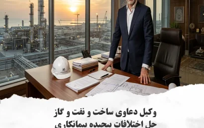 وکیل متخصص دعاوی ساخت و پروژه‌های نفت و گاز در حال بررسی اسناد در سایت پروژه صنعتی