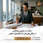 وکیل ایرانی در حال بررسی پرونده دعاوی پیمانکاری در دفتر کار خود