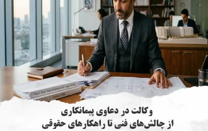 وکیل ایرانی در حال بررسی پرونده دعاوی پیمانکاری در دفتر کار خود